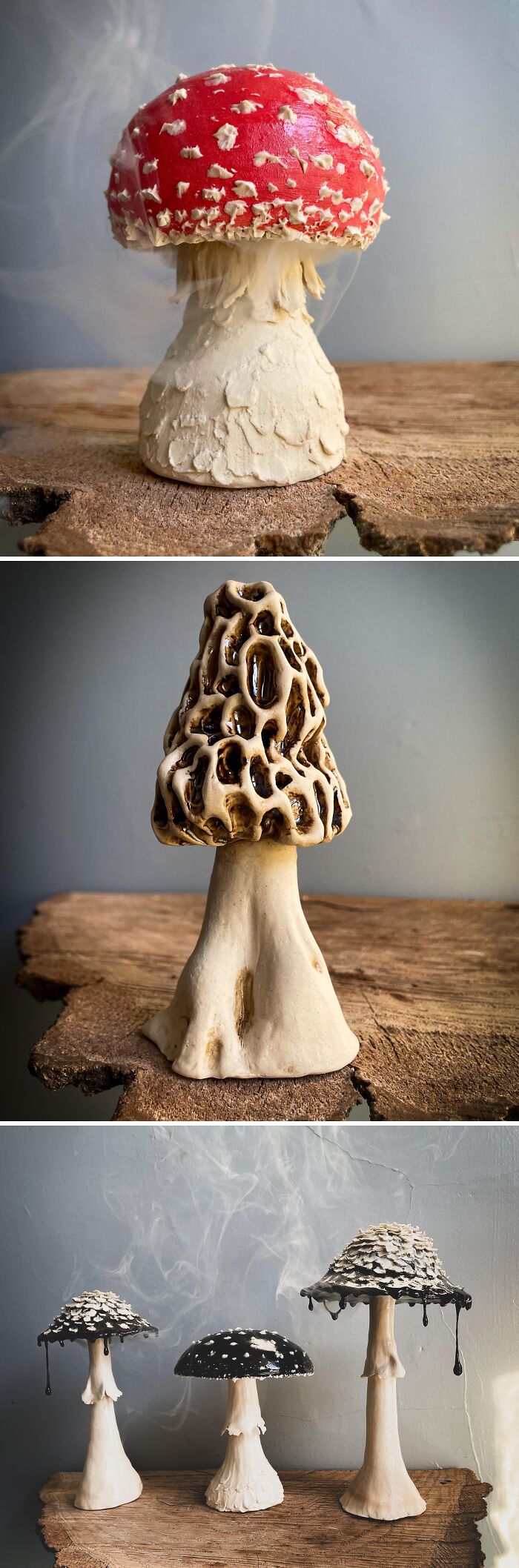 Detailed mushroom sculptures handcrafted from clay, representing unique pottery creations.