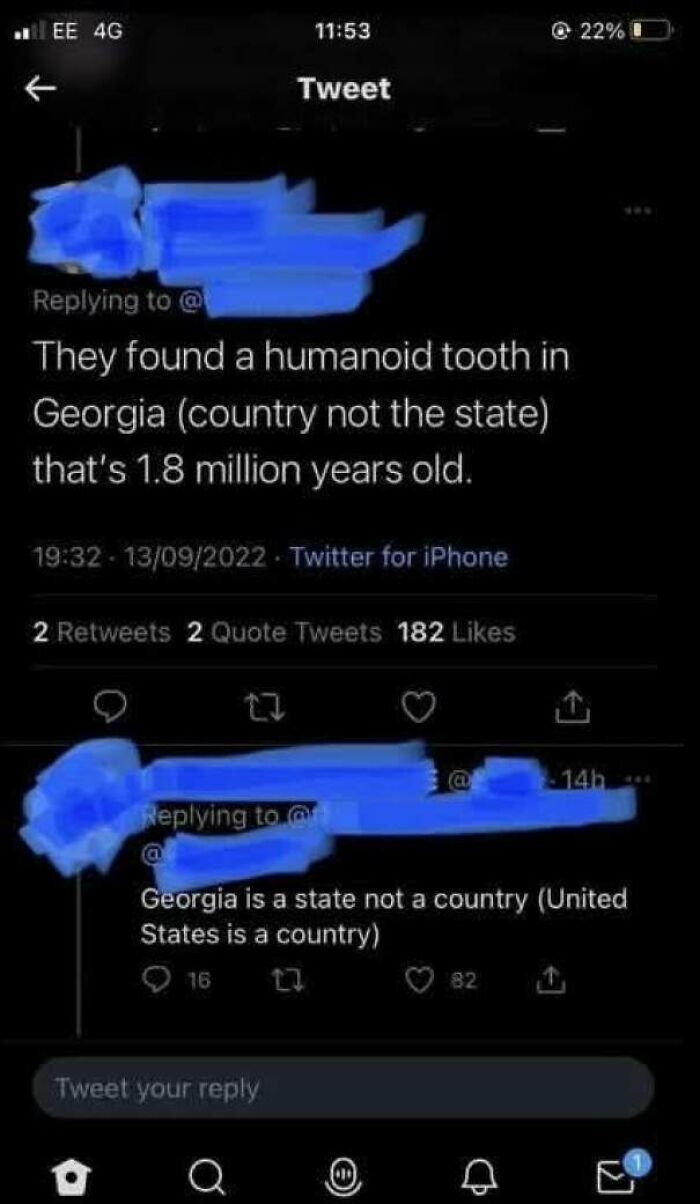 Tweet reply where an internet user lacks education on the country of Georgia versus the US state