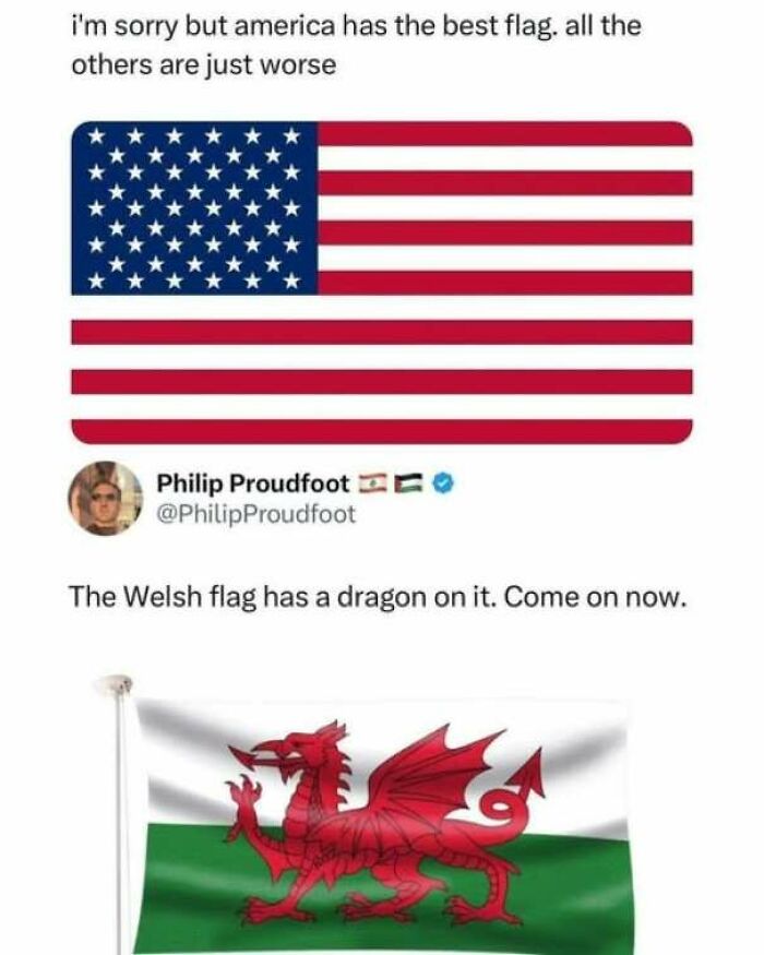 Social media post comparing the US flag with the Welsh flag, showing how some internet users lack education.