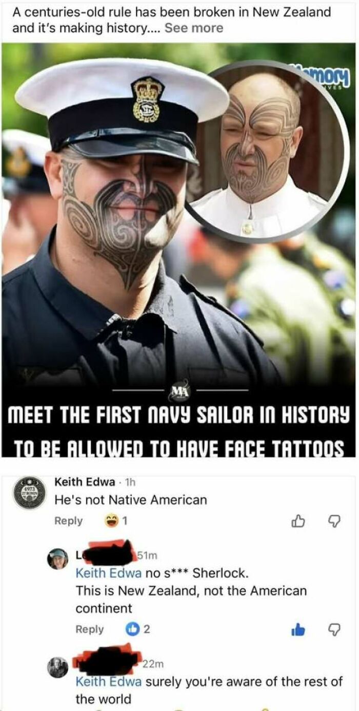 News post about a New Zealand sailor with facial tattoos, with comments showing how internet users lack education.