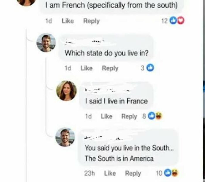 Facebook comment thread showing internet users lack education about geography outside America.