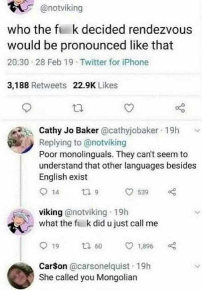 Twitter thread showing internet users lack education regarding foreign languages and vocabulary.