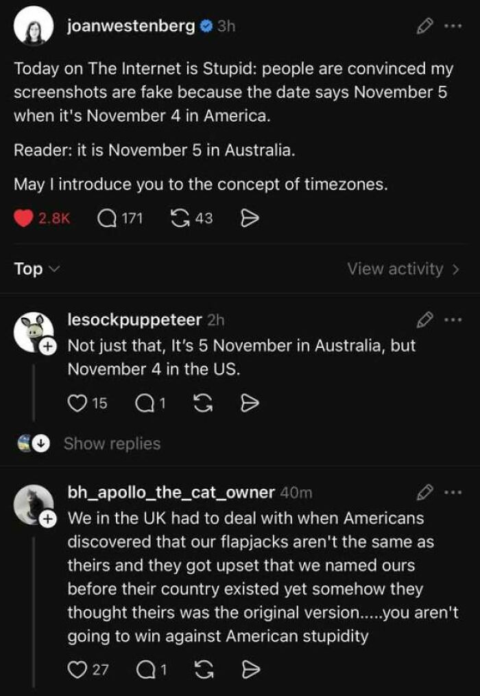 Social media thread where internet users lack education on global timezones and culture.