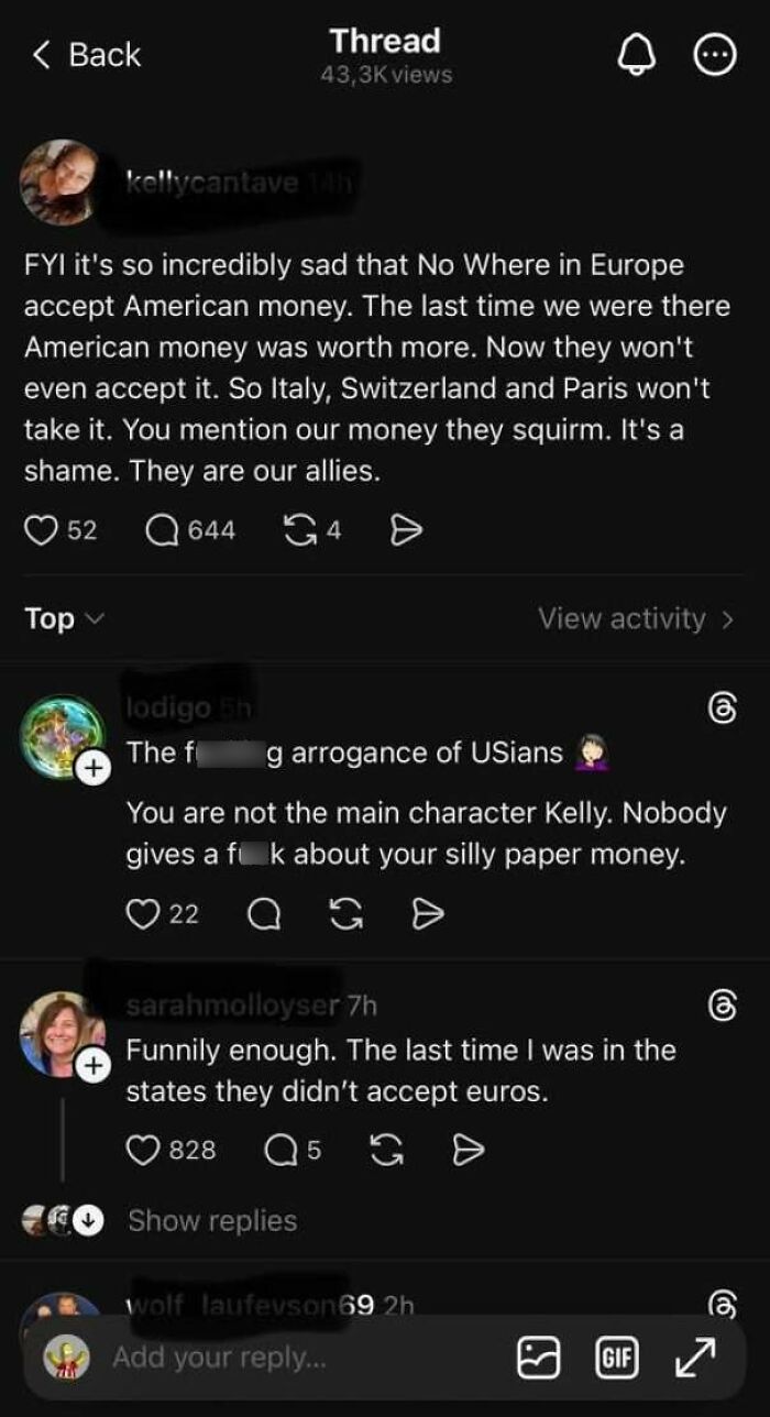Thread post demonstrating how internet users lack education on foreign currency acceptance in Europe.