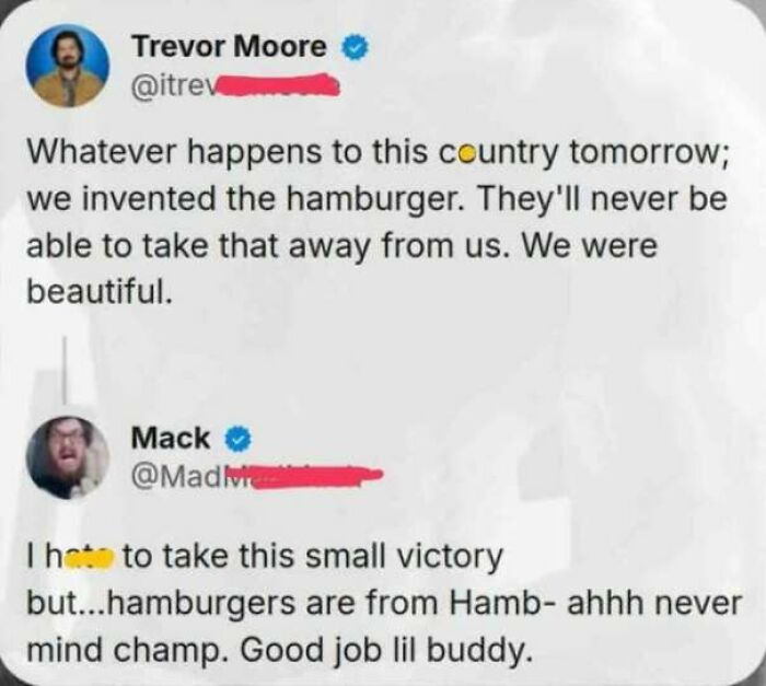 Tweets showing internet users lack education by claiming America invented the hamburger