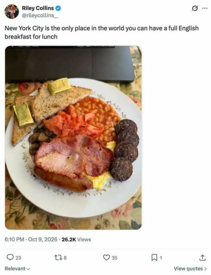 Tweet claiming NYC is the only place to get a full English breakfast for lunch, proving users lack education.