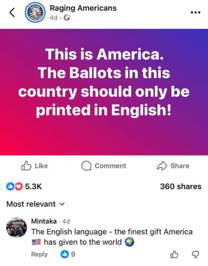 Facebook post showing how internet users lack education by claiming America created the English language.