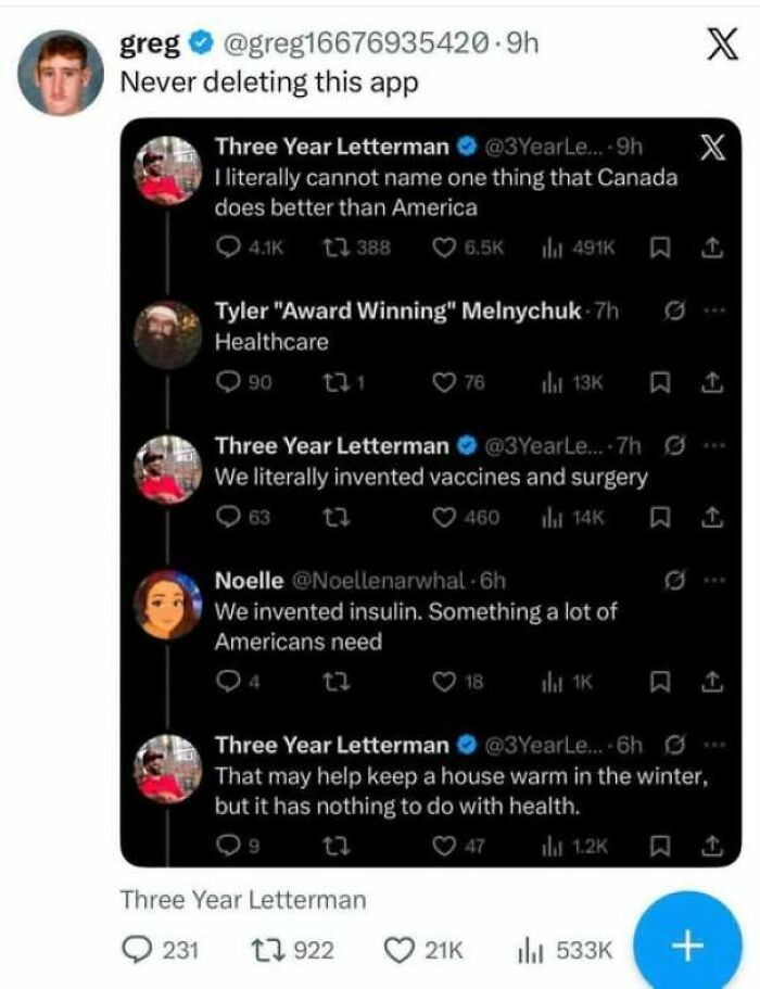 X thread showing funny argument comparing Canada and America, where internet users lack education.