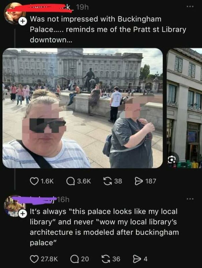 Tourist post comparing Buckingham Palace to a library, showing internet users lack education.