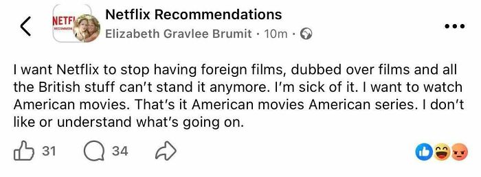 Facebook post complaining about foreign films, illustrating how internet users lack education.