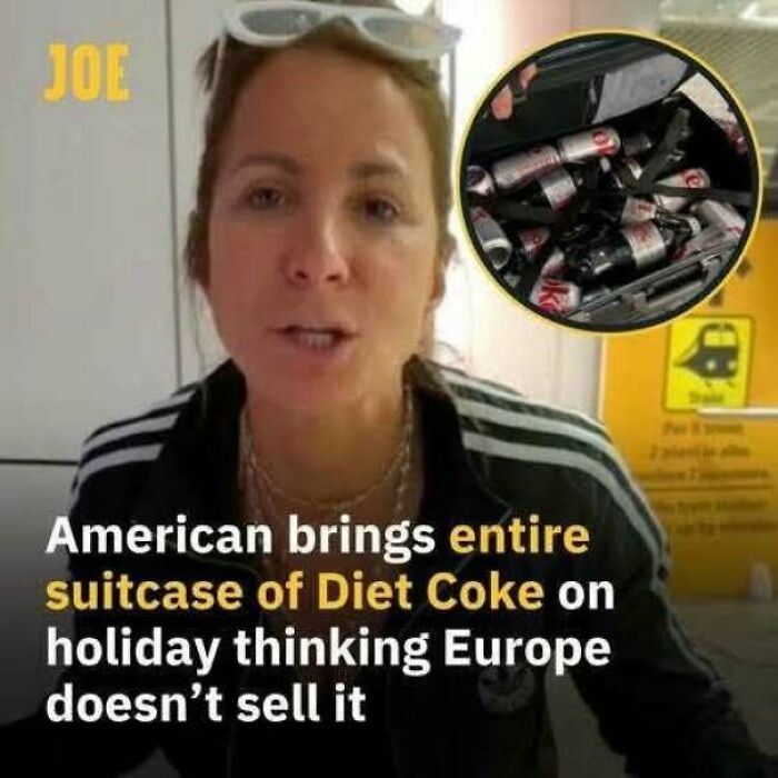 Woman holding a suitcase filled with soda cans, reflecting how internet users show lack education.