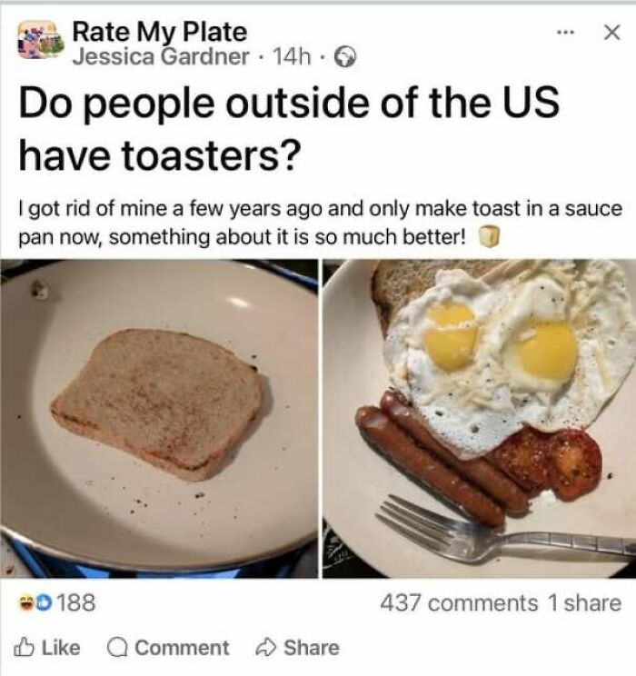 Social post asking if people outside the US have toasters, showing lack education on global norms.