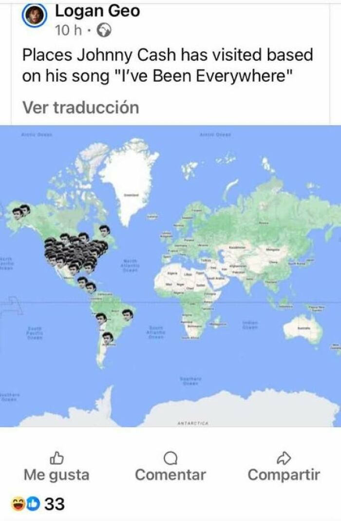World map showing places Johnny Cash visited based on his song, illustrating how internet users view the world.