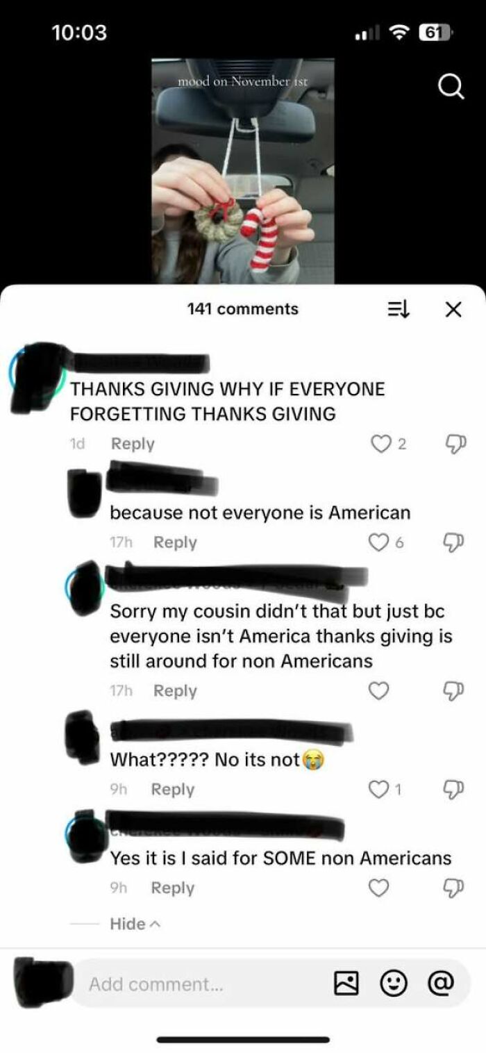Screenshot of social media comments showing internet users debate if Thanksgiving is celebrated outside America.