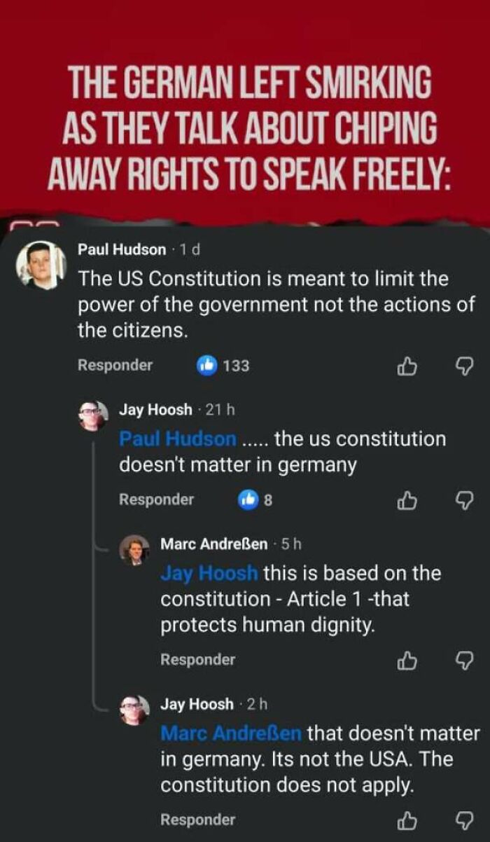 Online discussion thread illustrating how internet users lack education about international law and US Constitution.