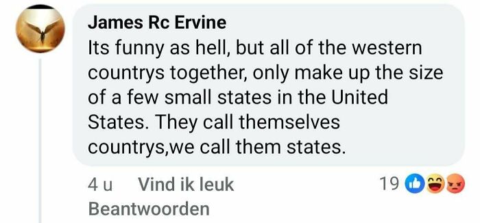 Social media comment showing internet users lack education by claiming all western countries fit inside a few US states.