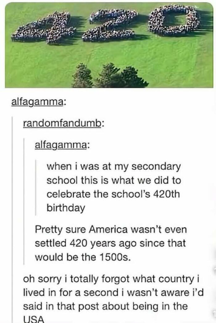 Tumblr post with a crowd forming 420, showing how internet users lack education about school history outside the US.