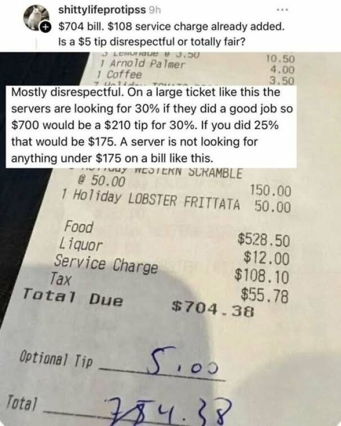 Restaurant receipt debate over tipping culture, showing how internet users lack education regarding service fees.