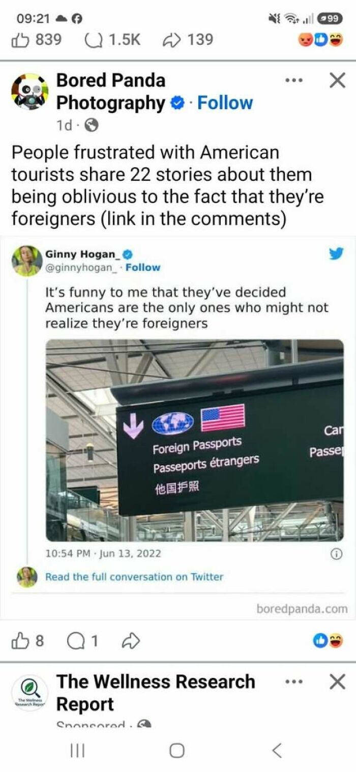 Social media post showing internet users lack education by complaining about US flag on foreign passport airport sign.