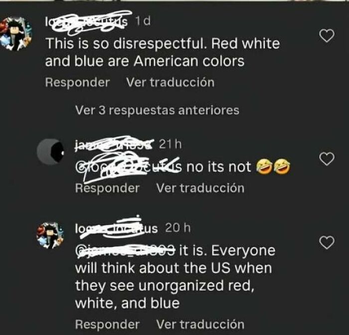 Screenshot of social media comments where internet users lack education, claiming red white and blue are US colors.