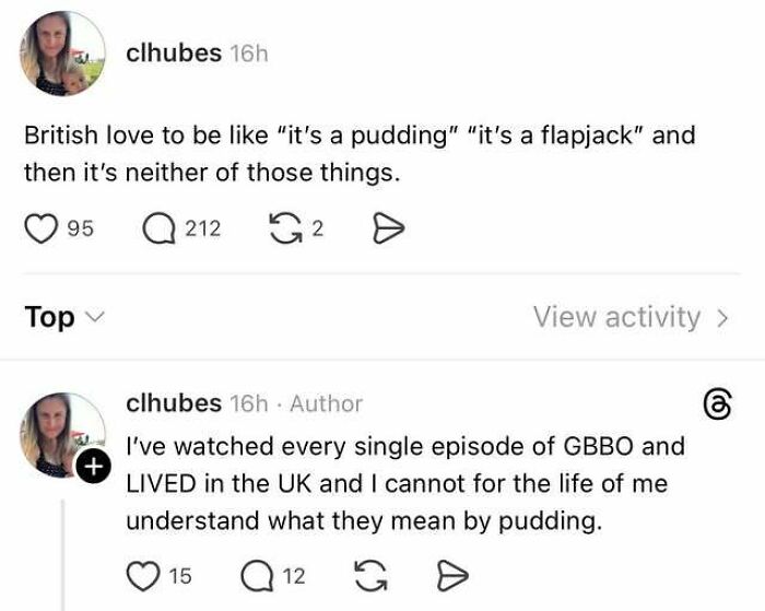Post showcasing Internet Users Showed Lack Education regarding British food terms like pudding and flapjack.
