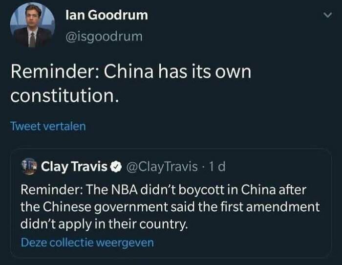 Tweet quote showing lack education about Chinese constitution and US laws