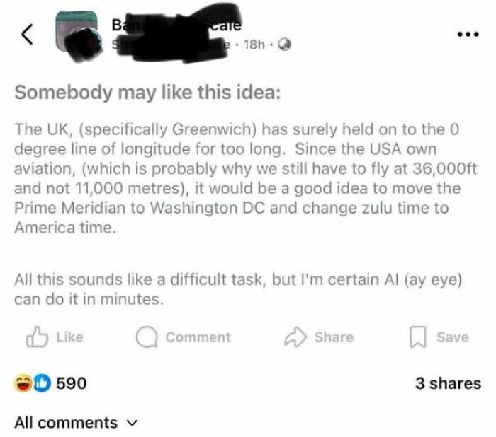 Social media post displaying Internet Users Showed Lack Education by suggesting moving Prime Meridian to DC.