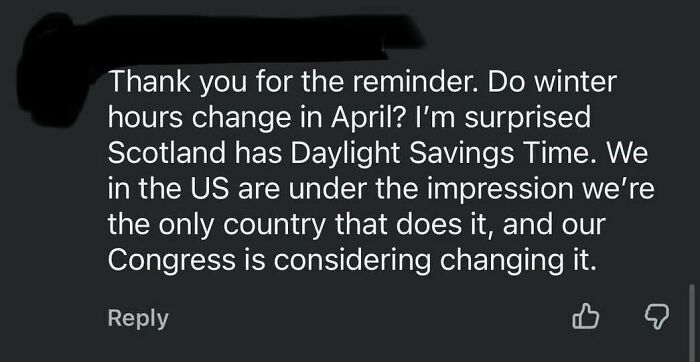 Social media comment showing lack education about Daylight Savings Time in other countries