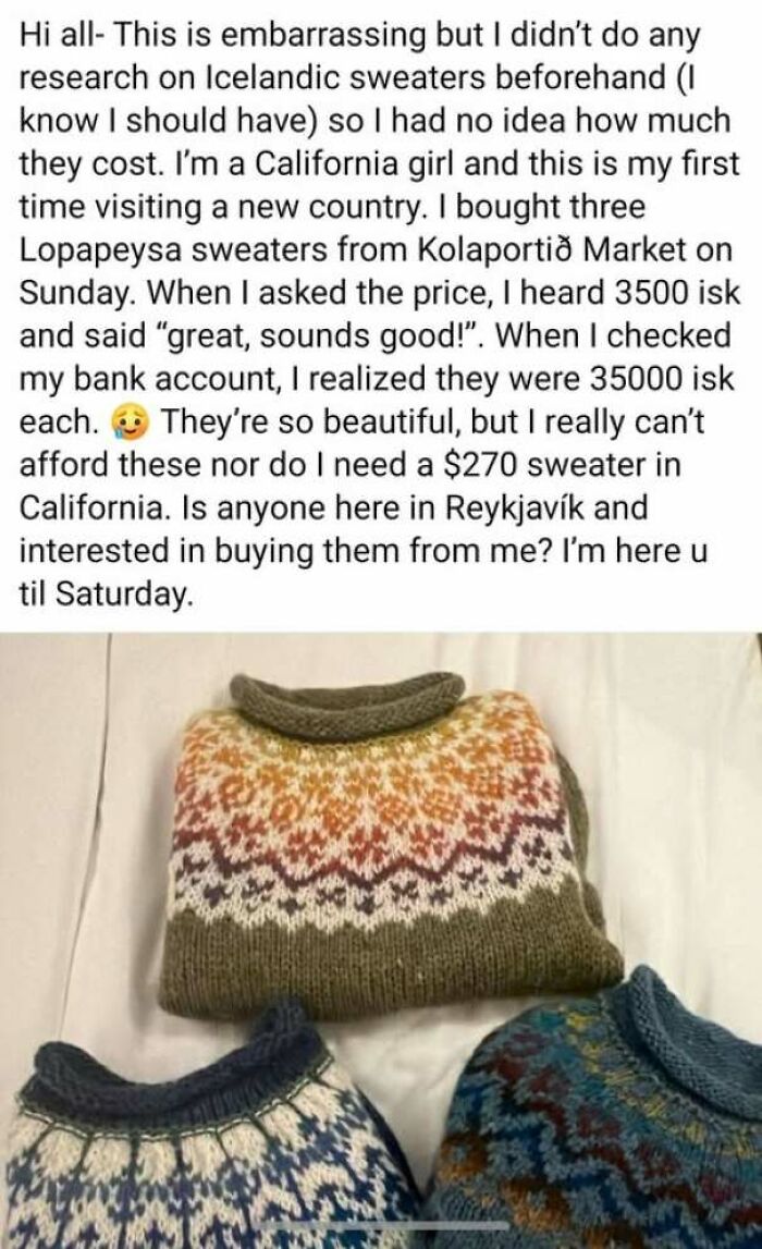 A social media post about buying expensive sweaters illustrating internet users lack of education when traveling.