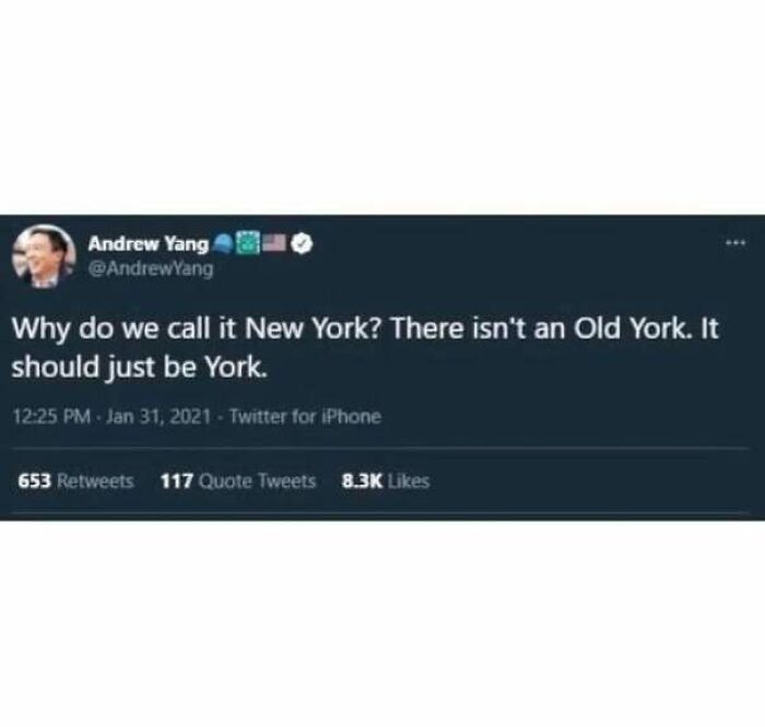 A tweet questioning the name New York showing internet users lack of education on historical names.