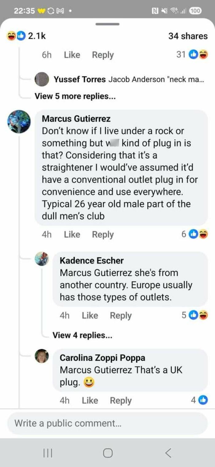 Social media thread where internet users show they lack education about international plug types.