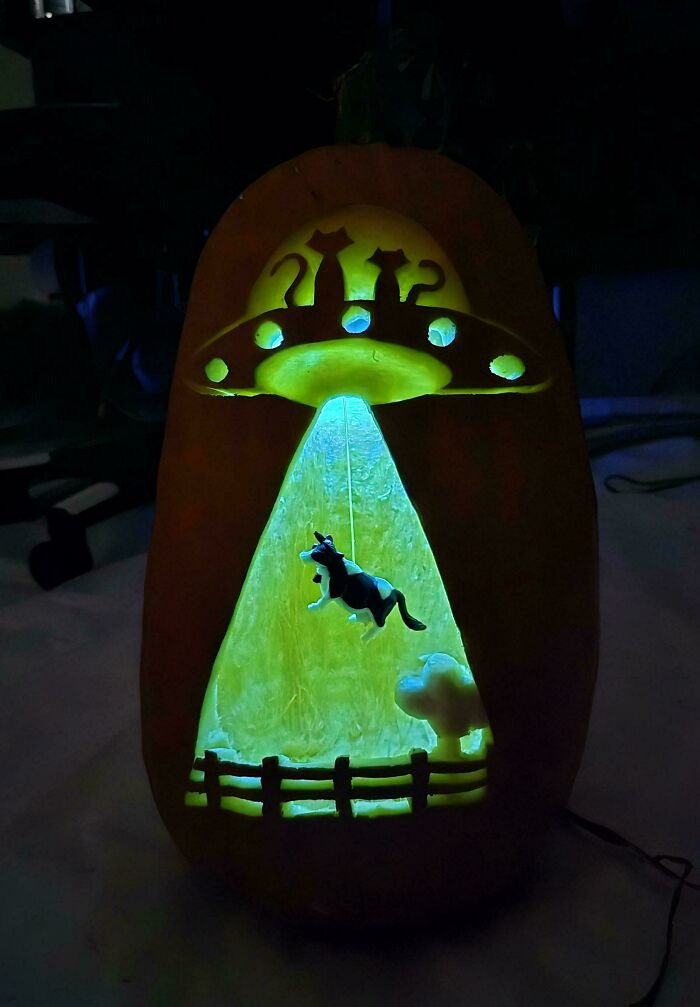 Creative Halloween pumpkin carving of a UFO abducting a cow.