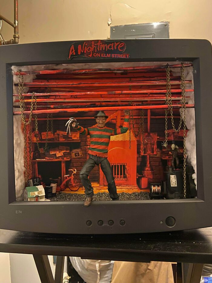A Nightmare on Elm Street Freddy Krueger diorama built inside an old computer monitor for Halloween.
