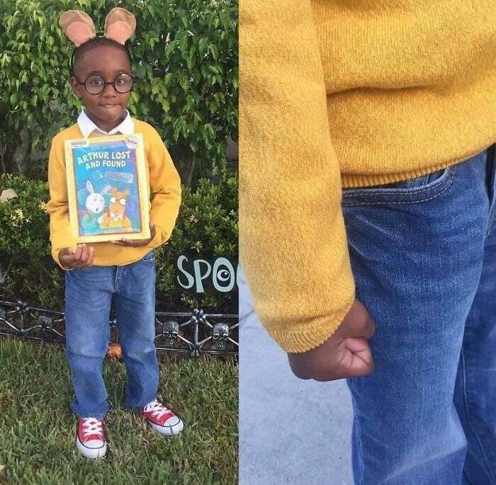 A child dressed as Arthur for Halloween costumes next to the iconic clenched fist meme