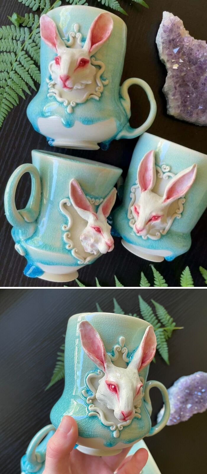 Light blue handmade pottery mugs with sculpted rabbit faces