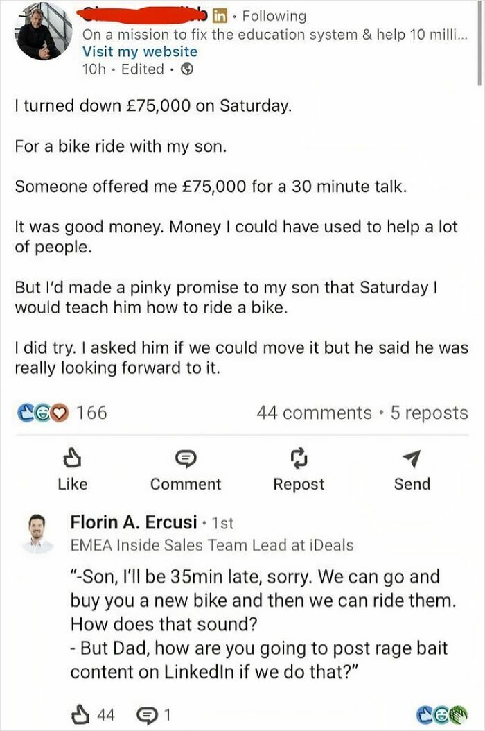 LinkedIn post about turning down 75000 pounds for a bike ride with son.