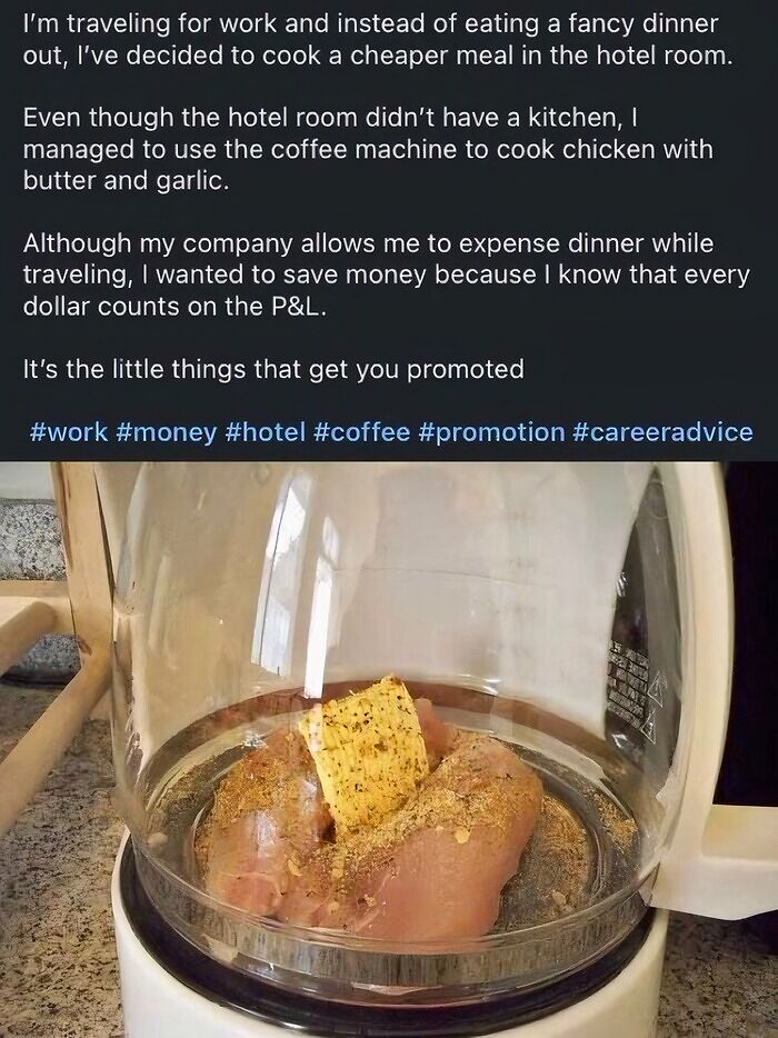 LinkedIn post about cooking chicken in hotel coffee machine to save money
