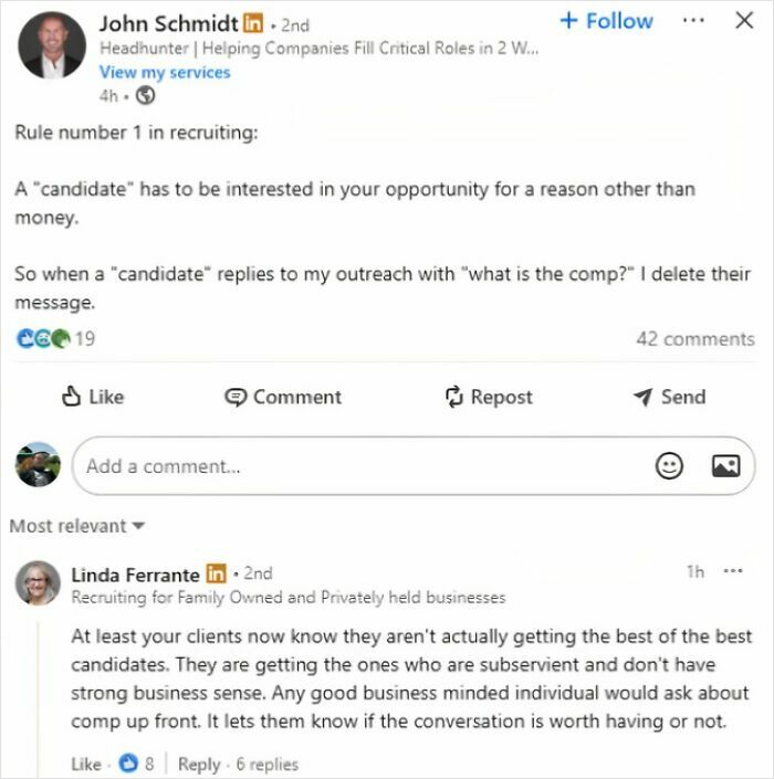 LinkedIn post about recruiting rule to avoid candidates focused only on compensation
