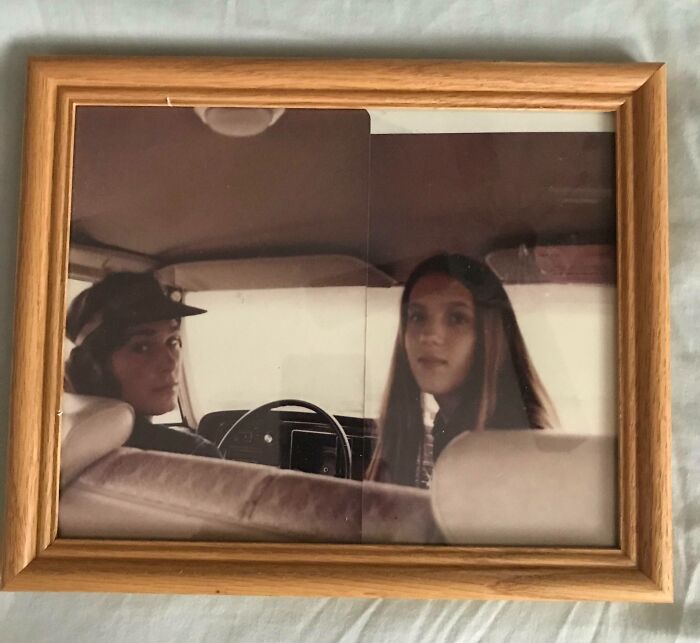 Old photo of two women in car fragmented into halves glitch