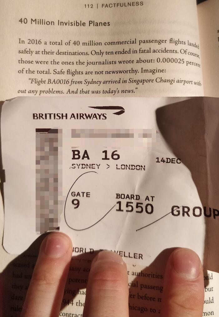 Flight ticket BA 16 from Sydney with matching text about safe flights from Factfulness book