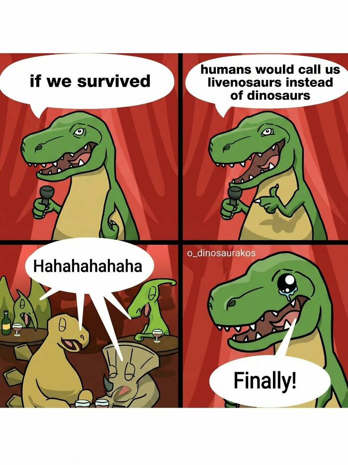 Dinosaur stand-up comic comic strip featured in a collection of amusing physics posts.