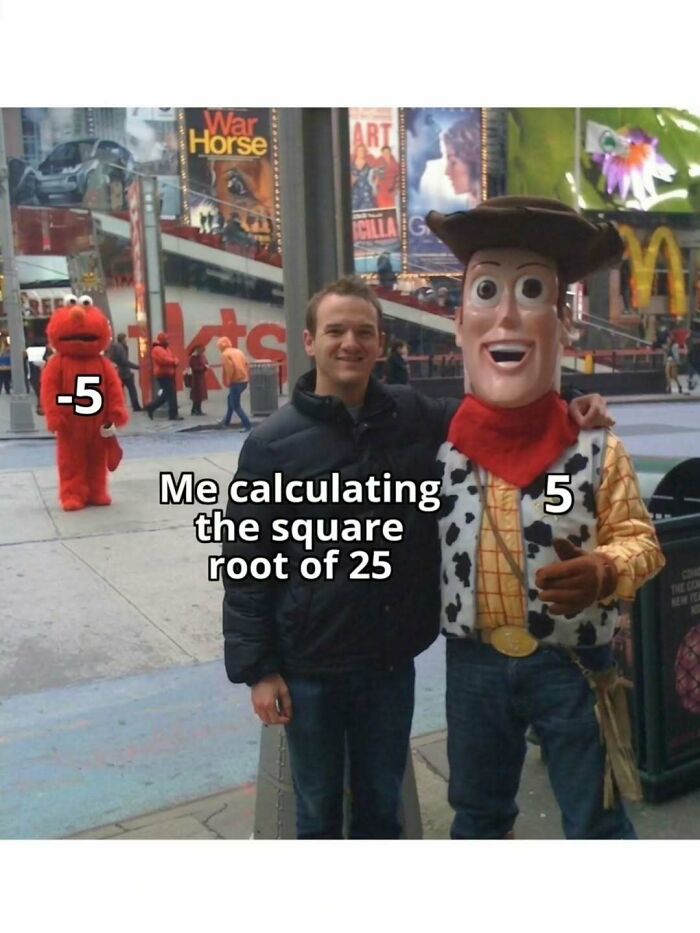 A humorous physics post showing a man posing with Woody labeled 5, while Elmo in the background is labeled negative 5.
