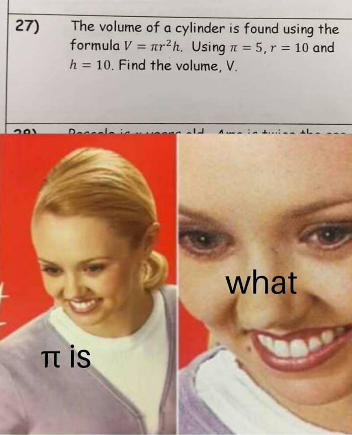 An amusing physics post showing a math problem where pi equals 5 and a shocked facial expression.