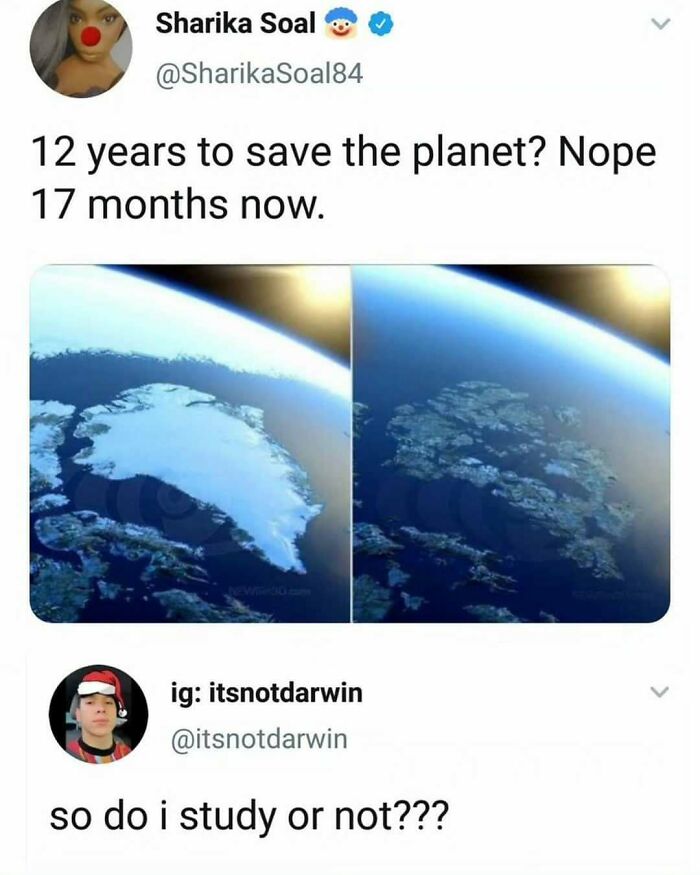 Social media post about global warming and studying, featured in amusing physics posts.
