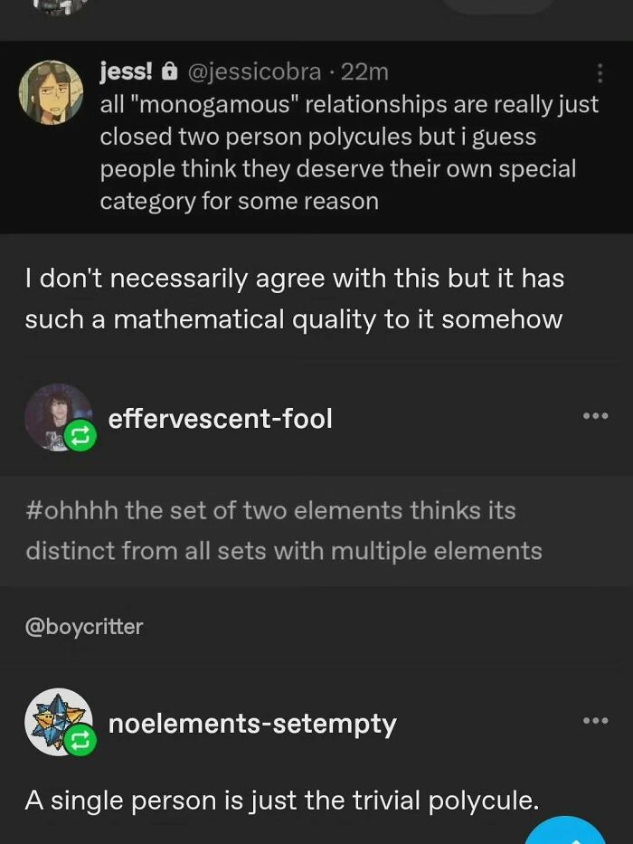 Social media screenshot discussing relationships as set theory in amusing physics posts.