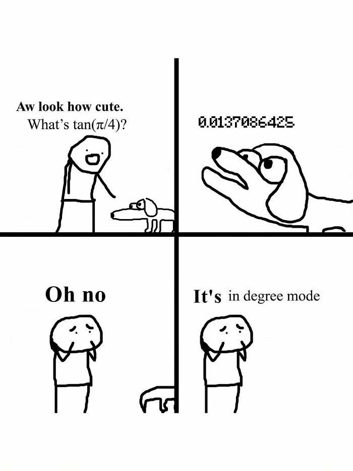 An amusing physics posts comic about a dog giving a math answer in degree mode instead of radians.