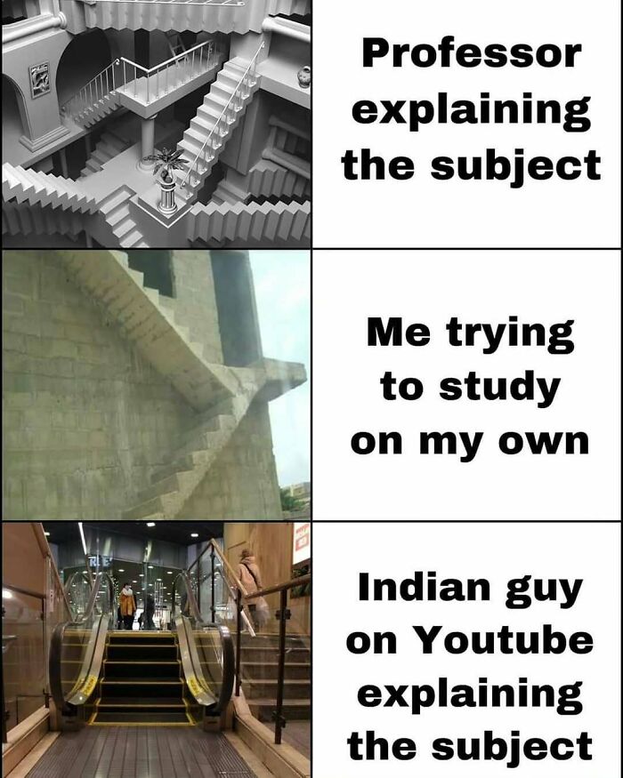 A three-panel meme comparing complicated stairs to an escalator, featured in amusing physics posts.