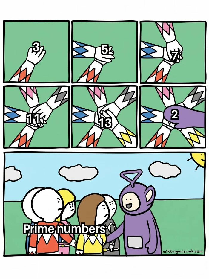 Humorous physics comic showing Power Rangers as prime numbers with the number 2 as a Teletubby.
