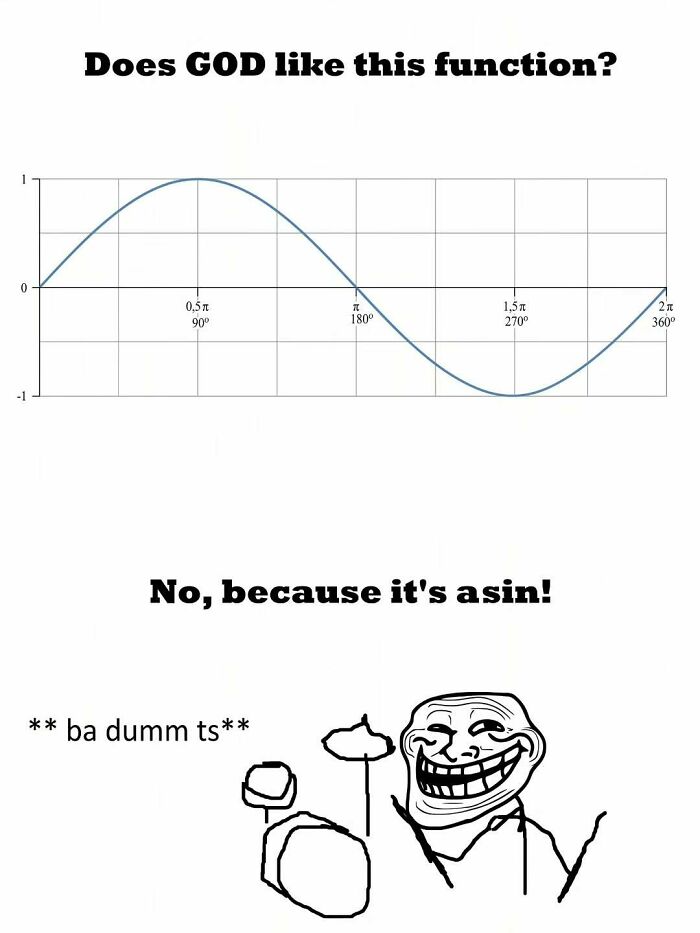 An amusing physics joke with a sine wave graph asking if God likes the function because it is a sin.
