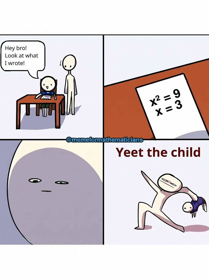 Comic meme about forgetting negative roots in math class, showcasing amusing physics posts.